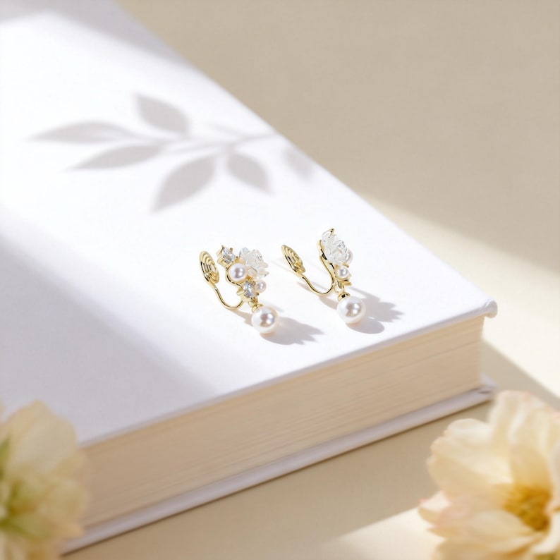 White Flower Pearl Drop Clip On Earrings