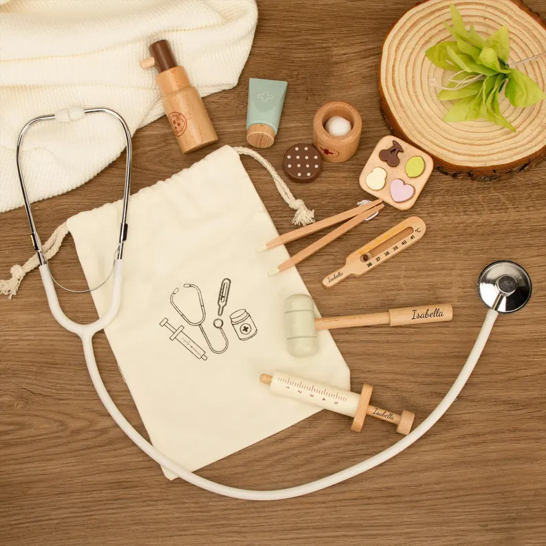 Personalized Wooden Doctor Pretend Play Toy,Custom Name Engraved Kids