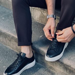 Men’s Black Leather Sneakers – Handmade Casual Shoes – Minimalist White Sole Trainers – Urban Street Style