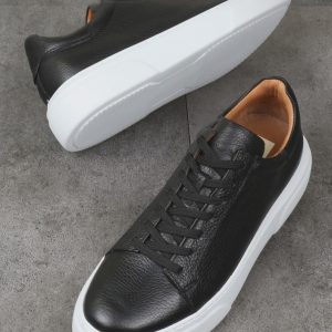 Men’s Black Leather Sneakers – Handmade Casual Shoes – Minimalist White Sole Trainers – Urban Street Style