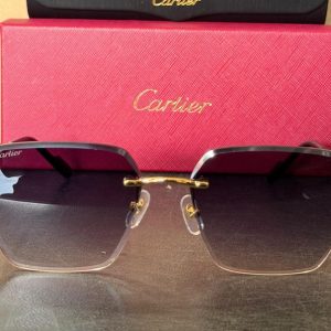 Cartier Rimless C Wire Sunglasses, Mod#CT0466S Vintage Gold Black Frame Blue Lens Eyewear