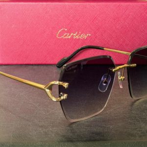 Cartier Rimless C Wire Sunglasses, Mod#CT0466S Vintage Gold Black Frame Blue Lens Eyewear
