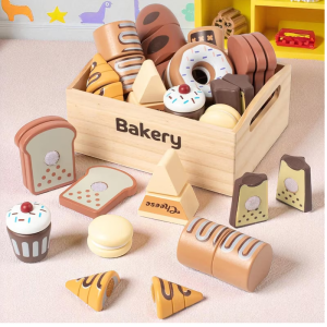 Wooden Kitchen Cutting Food Toy Set: Pretend Play Fruit, Vegetable, Bakery & Meat Playset