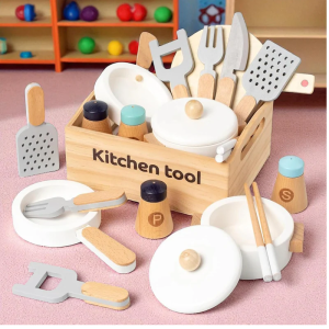 Wooden Kitchen Cutting Food Toy Set: Pretend Play Fruit, Vegetable, Bakery & Meat Playset