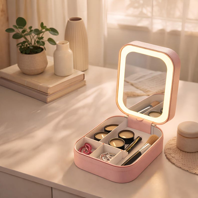 Travel Makeup Bag with LED Mirror, Portable Lighted Cosmetic Case, Rechargeable Vanity Organizer
