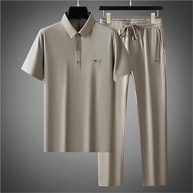 Mens 2 Piece Summer Outfit Cotton Linen Polo Shirt with Pants Lightweight Breathable Moisture Wicking Casual Wear