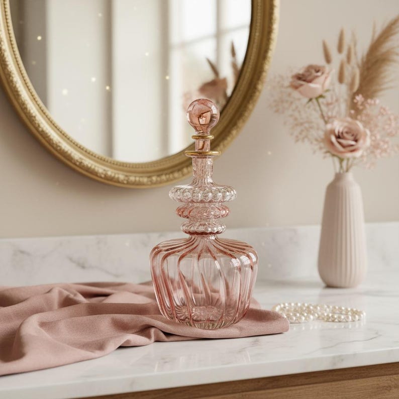 Decorative Pink Ribbed Glass Bottle with 14 K Gold lining