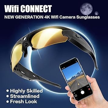 4K HD Sport Camera with WiFi, Camera Sunglasses with UV400 Protection Polarized Lenses+Clear/Yellow Lens for Outdoor Sports Supports iOS&Android (64GB TF Card Included)