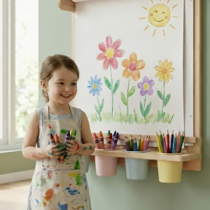 Drawing Board for Children with Storage Shelf and Paper Roll Dispenser