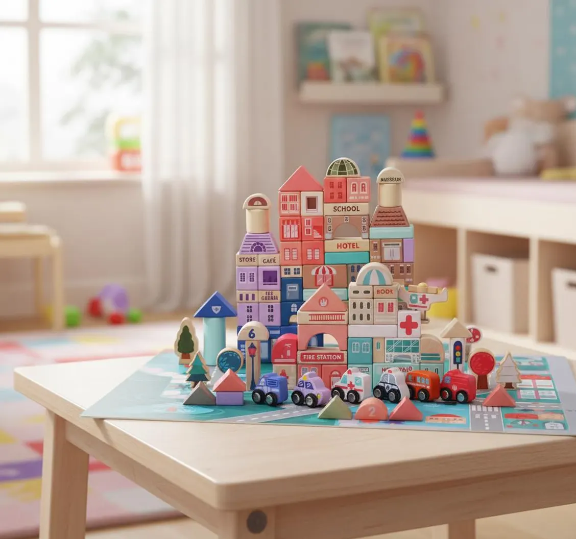 Wooden Castle and City Blocks: Kids Educational Vehicle Shape Toy Set