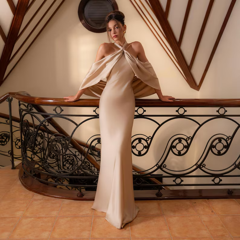 Champagne Silk Halter Dress | Long Silk Wedding Gown