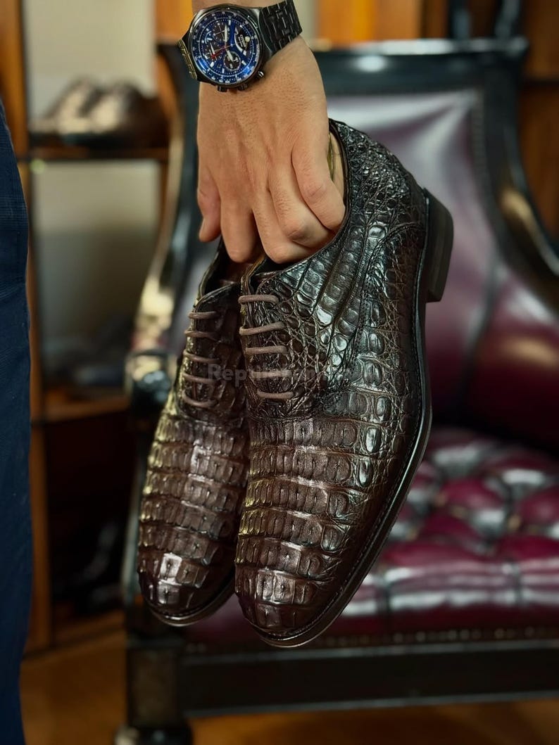 Real Alligator Dark Brown Loafers : Leather Oxford Shoes