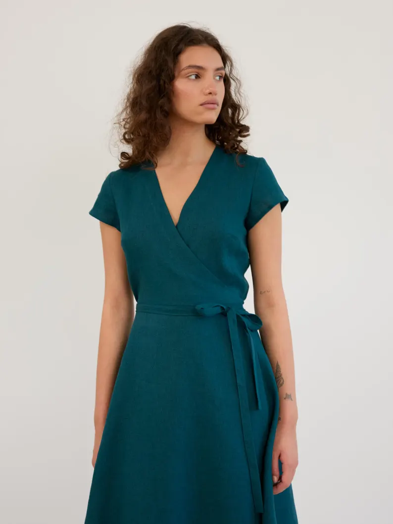 Teal Linen Wrap Dress